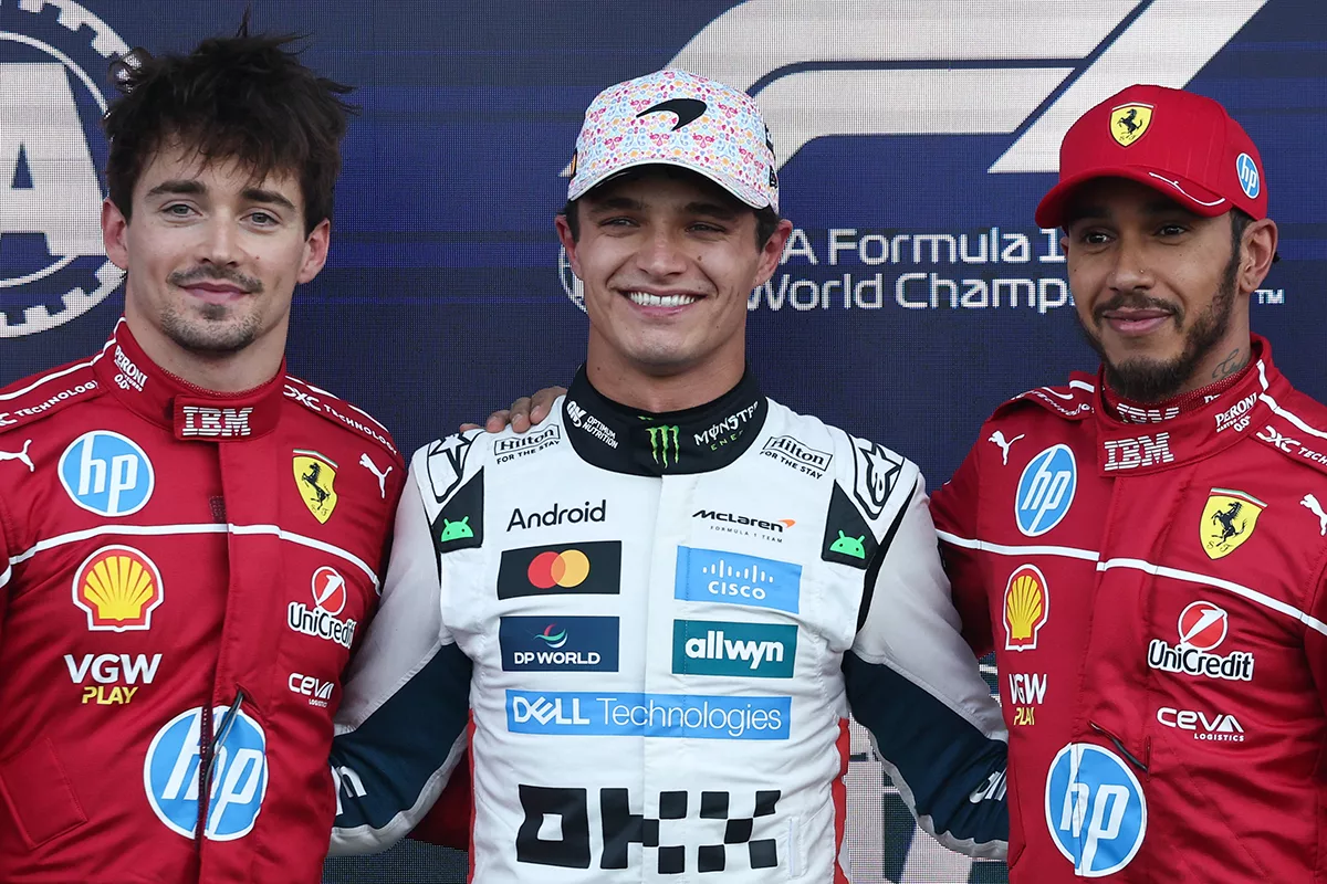 Lando Norris celebrates pole position in Mexico, flanked by Charles Leclerc and Lewis Hamilton